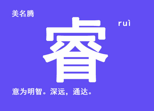 牛年男寶寶起名帶“?！弊?/></p><br><p>?！》斌w：?！∑鹈逍校航稹⌒彰麑W(xué)筆畫：14畫　簡體筆畫：14畫　讀音：ruì</p><br><p><strong>睿 - 起名用字字義分析：</strong></p><p>睿：意為明智。深遠，通達?？善鹈纾侯＿h、睿穎、碩睿、超睿。</p><p>    《說文解字》釋云：叡，深明也，通也。</p><br><p>◎ 睿</p><br><p>叡 ruì </p><br><p>〈形〉</p><br><p>(1) (會意。《說文》:“ 從目，從谷省?？仗摰纳酵荩袝惩x。‘目’的作用是明察。合起來表示‘明智’、‘智慧’”。本義:通達;明智) 同本義 [wise and farsighted]</p><br><p>叡，深明也，通也。——《說文》</p><br><p>睿，智也，明也，圣也?！队衿?/p><br><p>子羽睿敏?！蹲髠鳌ぐЧ荒辍?/p><br><p>睿而為愚者也?！谠队尴娦颉?/p><br><p>德幼而叡齊?！洞蟠鞫Y記·五帝》</p><br><p>(2) 又如:睿圣(聰明通達，明曉事理);睿日(神圣的太陽);?；?圣明的教化);睿祖(神圣的祖先);睿姿(指圣明的資質(zhì));睿思(圣明的思慮);睿性(圣明的天性);睿岳(比喻深廣的恩德);睿明(智慧;明智)</p><br><p>◎ 睿 ruì </p><br><p>〈名〉</p><br><p>(1) 古時臣下對君王、后妃等所用的敬詞 [emperor]。如:睿鑒(請求帝王明察指示);睿藻(對帝王所作詩文的稱頌用語);睿文(指皇帝的文德);睿幄(指皇宮;朝廷);睿圖(皇帝的謀劃);睿斷(皇帝的決定);睿謨(皇帝圣明的謀略);睿謀(指皇帝的謀劃);睿德(皇帝的恩德)</p><br><p>(2) 特指孔子 [Confucius]。如:睿圖(指孔子的畫像)</p><br><p><strong>睿 - 起名示例：</strong></p><p>萬睿　　子?！　灶！　?/p><br><p><strong>睿 - 名人起名用字：</strong></p><p>王睿：中國古代（唐）著名詩人，文學(xué)家。其代表作主要有：《牡丹》、《相和歌辭·祠神歌·迎神》、《燕》、《松》、《相和歌辭·公無渡河》等。</p><br><p style=